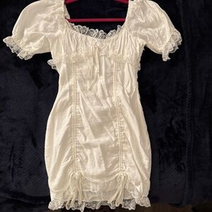 White Lace Trim Mini Dress with Puff Sleeves